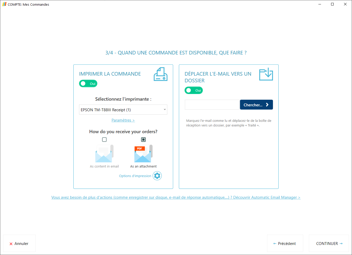 Choix de l'imprimante et des options